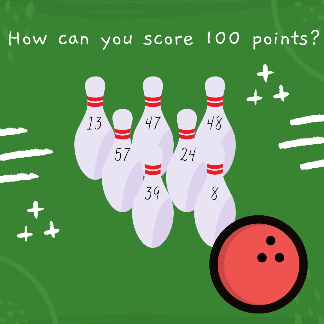 mathematigals's tweet photo. Happy #MathematigalsMonday! Which bowling pins do you need to knock down to score exactly 100 points? 🎳
#womeninstem #mathspuzzle #womeninmaths https://t.co/dTGwXYU81X