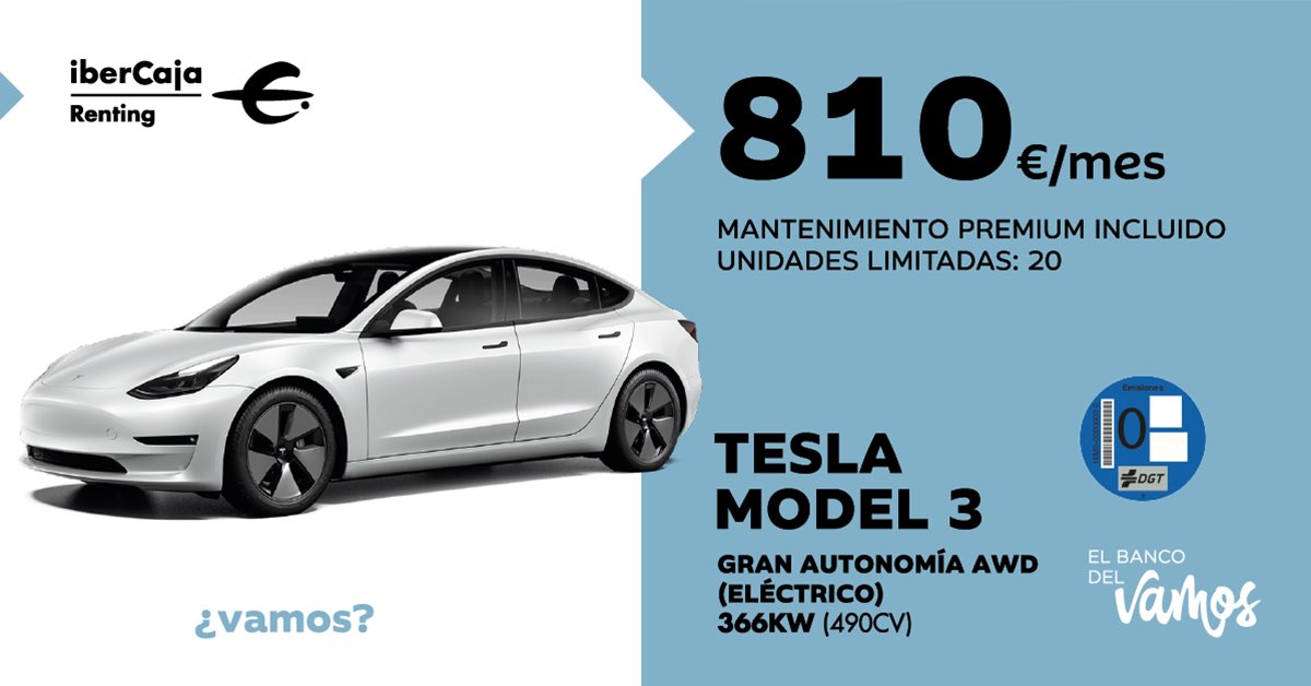 IbercajaRenting's tweet photo. 🔌⚡️Ya puedes conseguir un Renting del Tesla Model 3 por 810€/mes.

➡️ 602 km de autonomía
⚡️ 233km/h velocidad max.

Más información y condiciones en: https://t.co/0LSk8V8Aqw https://t.co/BbShzJHVJ7