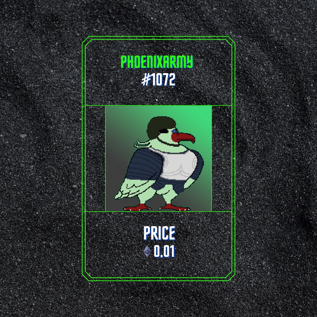 PhoenixArmy #1072!!!
Available on Opensea Now!!!

Check link in bio!
linktr.ee/pheonixarmy

Search PhoenixArmy on Opensea to view collection and join the Army!