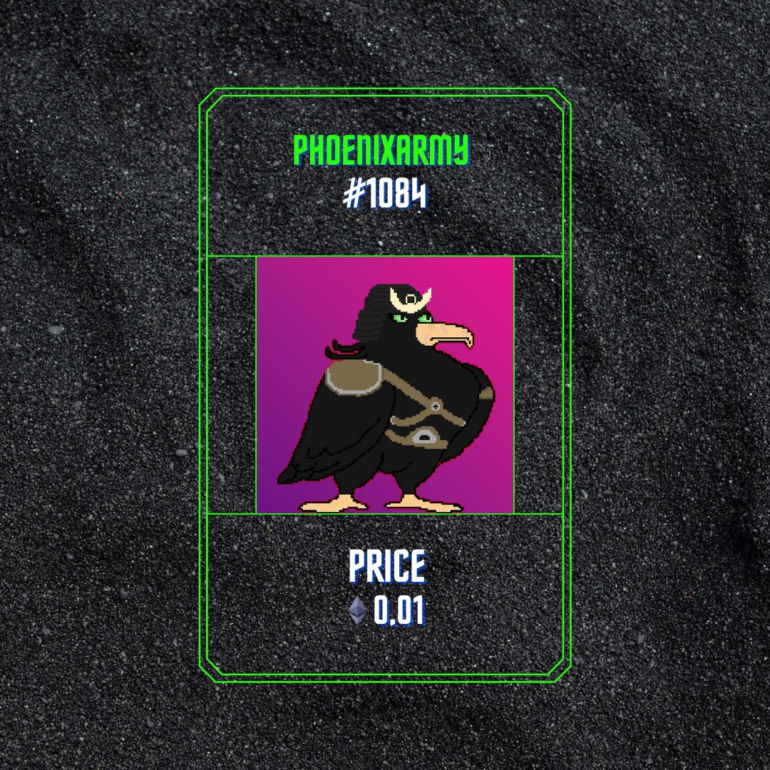 PhoenixArmy #1084!!!
Available on Opensea Now!!!

Check link in bio!
linktr.ee/pheonixarmy

Search PhoenixArmy on Opensea to view collection and join the Army!