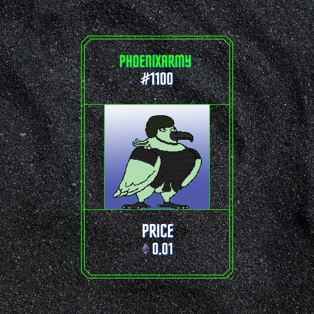 PhoenixArmy #1100!!!
Available on Opensea Now!!!

Check link in bio!
linktr.ee/pheonixarmy

Search PhoenixArmy on Opensea to view collection and join the Army!