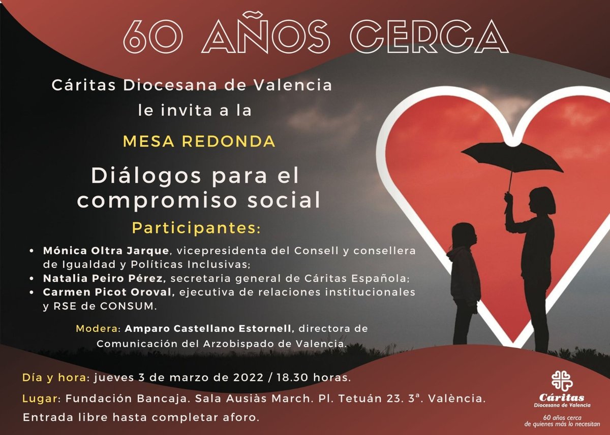 3Salome's tweet photo. 📝Apunta!!  @ValenciaCaritas organiza el jueves 3 de marzo a las 18:30 en #FundaciónBancaja de Valencia, mesa redonda  "Diálogos para el compromiso social" con  @NatPeiro @monicaoltra ... para no perdérsela. 
Nos vemos!! 👍
#60AñosCerca #AquíLateUnCorazón https://t.co/nCr5YwfjPO