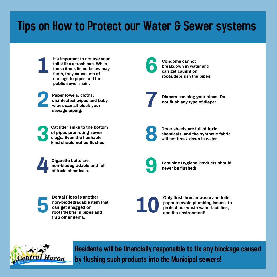 CentralHuron's tweet photo. Some friendly tips and reminders on what not to flush down our water and sewer systems! 
#centralhuron #thinkbeforeyouflush #protectourwater https://t.co/hHpAEmb0aE