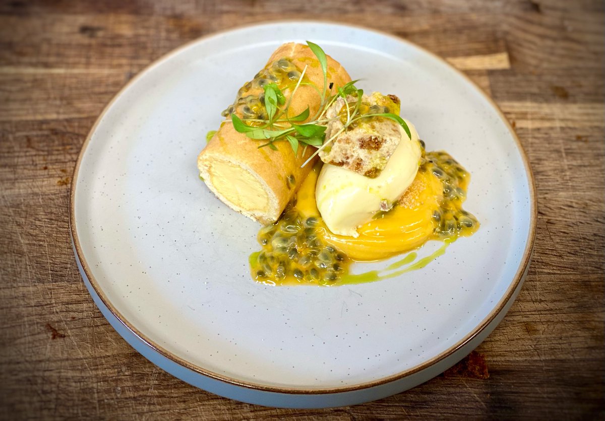 the_whitehart's tweet photo. Passion fruit arctic roll, passion fruit ice cream, milk crunch, coriander, passion fruit purée. Absolute deliciousness! 😋 Come and give it a try! #ChefTalent #Foodie #Delicious @GoodFoodGuideUK @MichelinGuideUK https://t.co/zOzFGTaldo