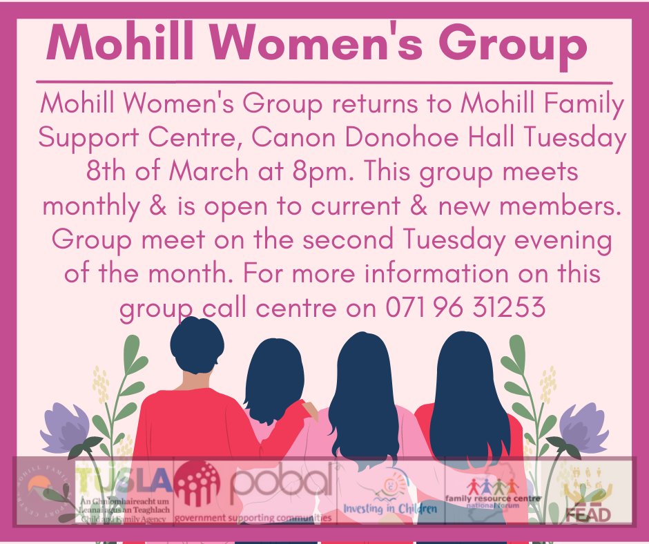 MohillFSC's tweet photo. Mohill Women's Group returning Tuesday March 8th
#WomensGroup
#Mohill
#leitrim https://t.co/zyPjRJ2r7E