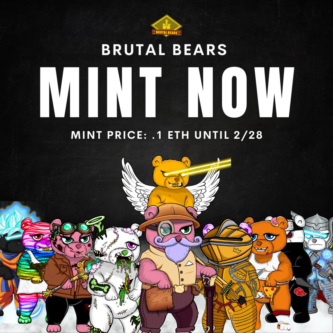 NftDropsCal's tweet photo. 🌟 #NFTdrop 👀 @BrutalBearsNFT are minting NOW 🚨

🐻⚔️ Brutal Bear #NFTs give you access to a #P2E Game where you can battle in weekly solo &amp; squad missions to earn passive income &amp; other rewards 🔥

🪙 0.1 $ETH
⏰ Limited Time (10PM EST)

🌐 More info 👉 https://t.co/6YFGPLZ83z https://t.co/odkYusotNW