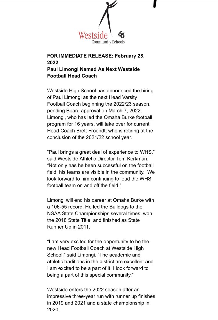BREAKING NEWS:

Paul Limongi has been named the next head football coach at Westside High School. Full statement from <a href="/Westside66/">Westside Community Schools</a> and <a href="/athletics66/">WestsideAthletics66</a> below:

#nebpreps