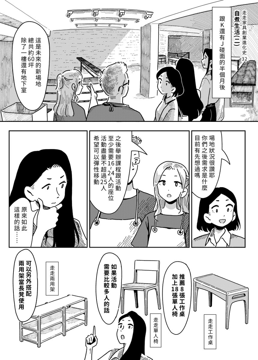 【 走走家具創業進化史 】
Vol.32 -「自煮生活(二)」
自煮生活的場地,不僅環境舒適且風格純淨,很適合擺放走走家具!B.V.S. 幫忙腦力激盪適合活動彈性擺放的家具需求,沒想到當天討論最後,K和J提出了一個特別的想法......!? 