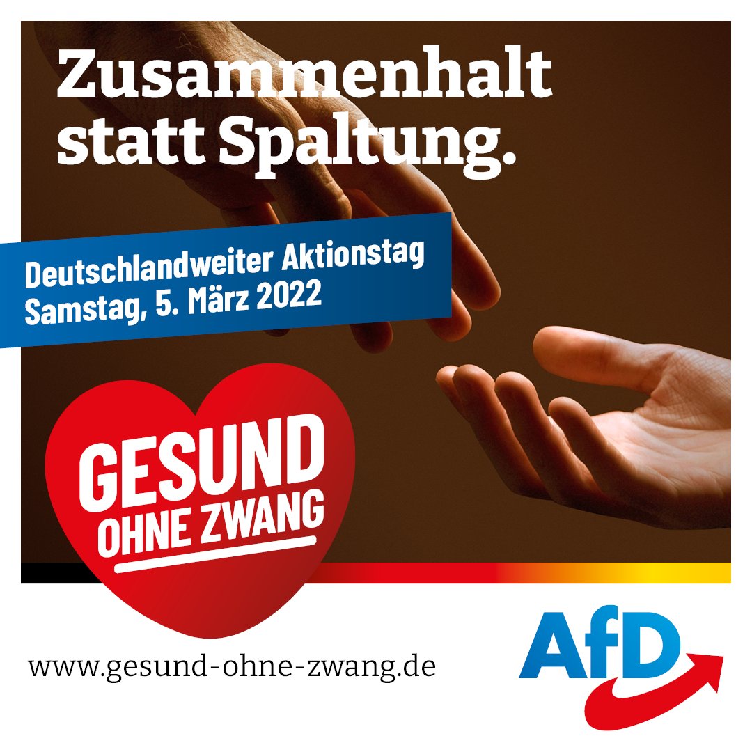 AfD's tweet photo. ++ Gesund ohne Zwang Aktionstag 2022! ++

Am 5. März 2022 bringen wir den friedlichen Protest gegen diese #Corona-Politik auf die Straße – deutschlandweit! #gesundohnezwang

Auch in Ihrer Nähe: https://t.co/SqKEpJ1t8p #afd #Impfpflicht https://t.co/PoMgmaMVKp