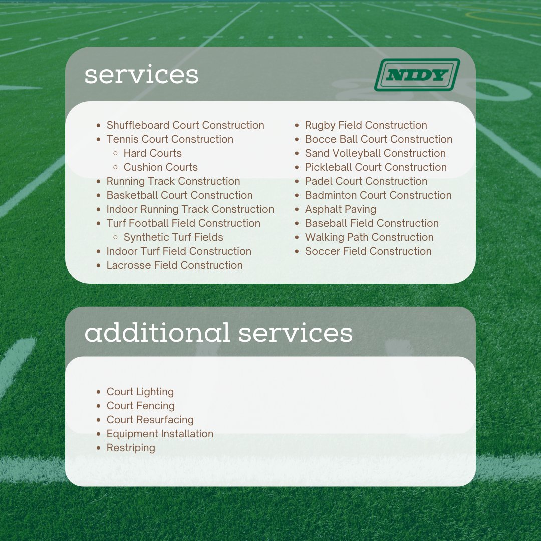 We believe that building great recreation and athletic fields, whether football fields, shuffleboard court or any other sport is an art and a science.

Check out the services Nidy has provided for High Schools, Universities, and Private Clubs across the country.