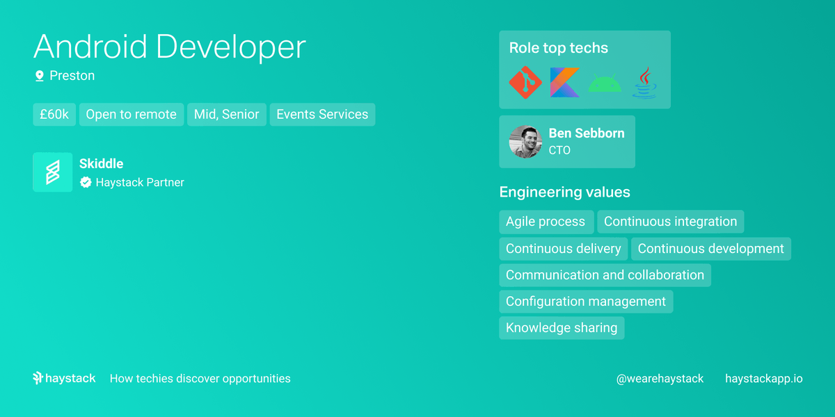 .<a href="/skiddle/">Skiddle</a> - One of the UK's most loved ticketing services 🎟
 
🚀 A small but fast-moving development team
🛠 Agile working 
📚 Skills: #java, #android and Git
📌 Preston HQ

Discover more ➡️ haystack.app.link/skiddle