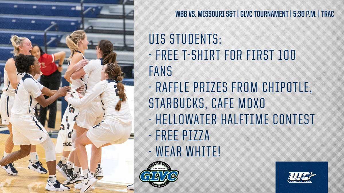 UISAthletics's tweet photo. UIS Students... Come to TRAC tonight at 5:30 to support @UISWBB in the first round of the GLVC Tournament.

There will be a raffle for great prizes, the hellowater halftime contest, free t-shirts for first 100 fans, and free pizza. 

Wear White and Be Loud. See you tonight! https://t.co/zDS1rvKJ9a