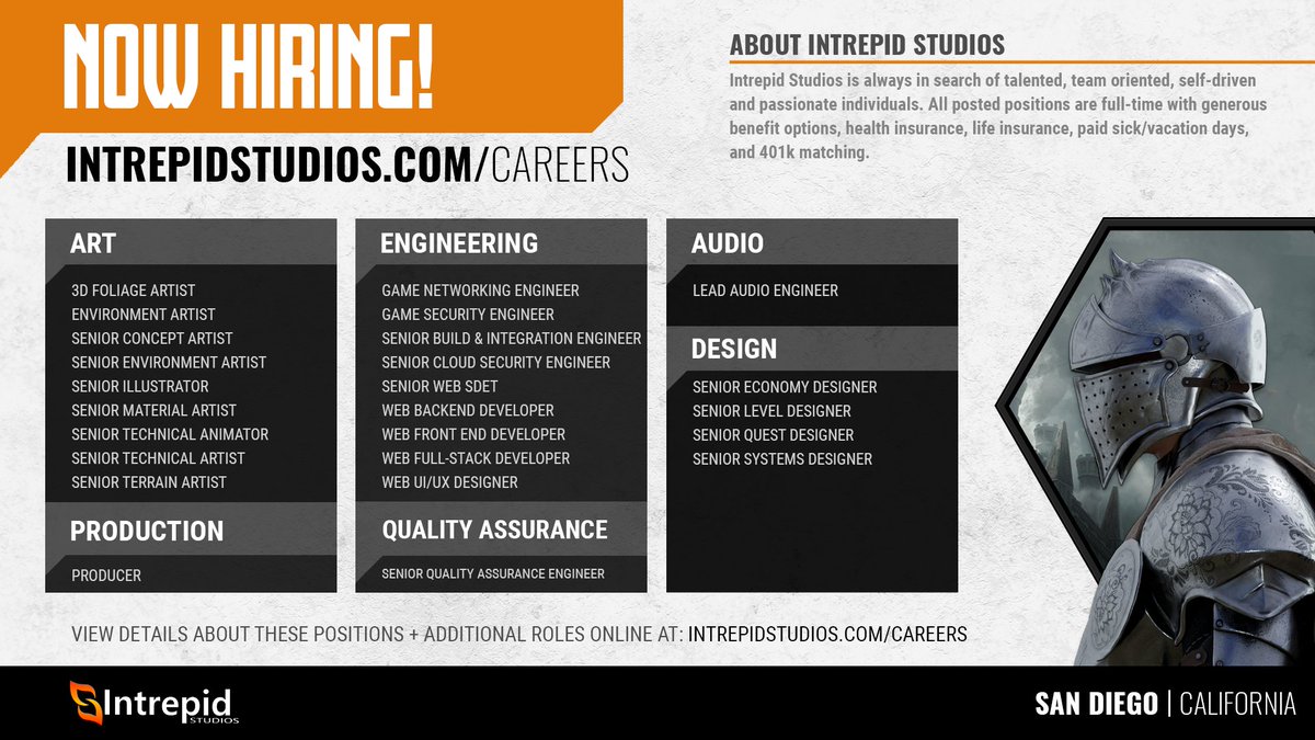🎮 We're hiring! intrepidstudios.com/careers

🎧 Audio
🎨 Art
📃 Design
🔧 Engineering
🏭 Production
👩‍💻 Quality Assurance

Come join our team of talented and passionate individuals! #GameDev #GameDevJobs #Jobs #SocialMedia