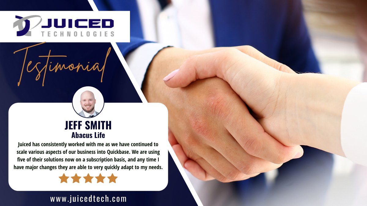 juicedtech's tweet photo. We take great pleasure in doing our part to help Abacus Life meet their business' needs and look forward to many more years of partnership!
Thank you, Jeff, for the kind words!
#CustomerSatisfaction #LifeInsurance #ServiceOverSales #LowCode #NoCode #BusinessSolutions https://t.co/4E3tTTPW34