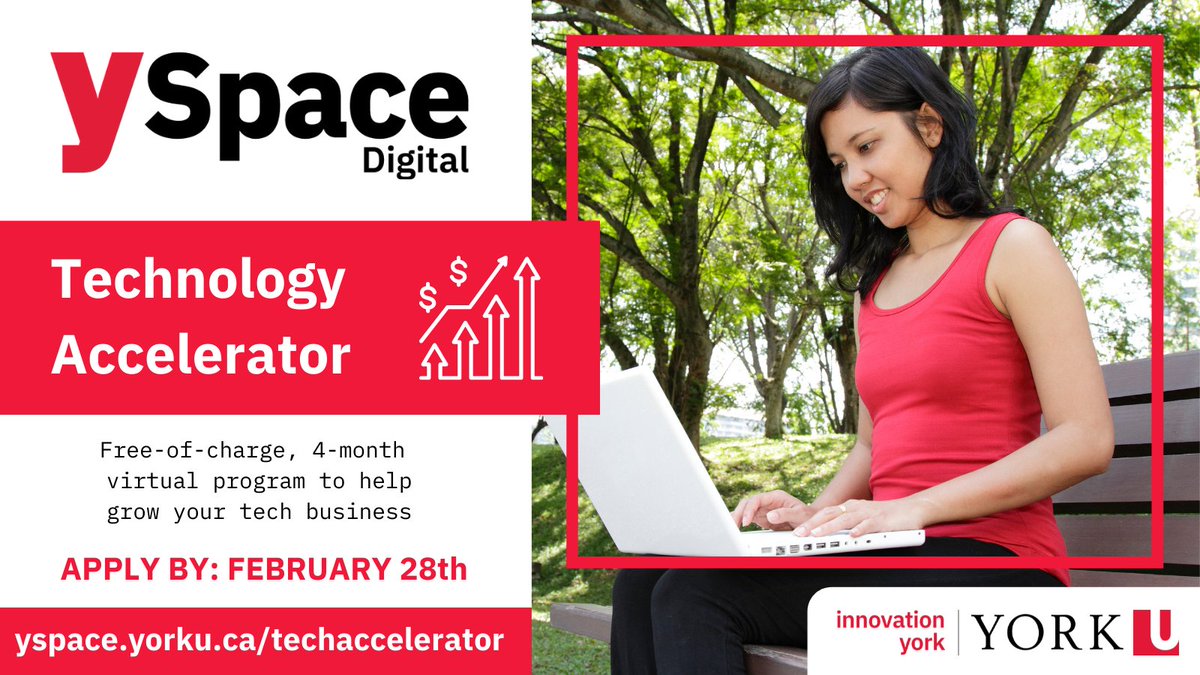 LAST DAY TO APPLY to our free-of-charge 4-month virtual #tech accelerator program! Gain access to workshops, one-on-one expert mentorship, over $60k in startup support and up to $30K in cash awards! Apply here: yspace.yorku.ca/techaccelerator 

#YSpace #YRTech #TechBusiness