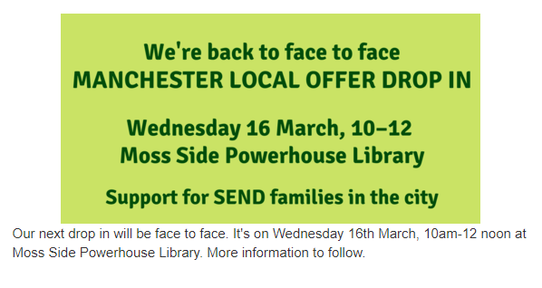smileymissriley's tweet photo. New dates for your diary from the Manchester Local Offer, including the wonderful SPACE group if you can't make the @MostonFieldsPS session on 7th March. Some amazing sessions @Z_arts_mcr and Manchester Art Gallery #manchesterlocaloffer #SEND #parentsupport https://t.co/3l7tqcWVy5