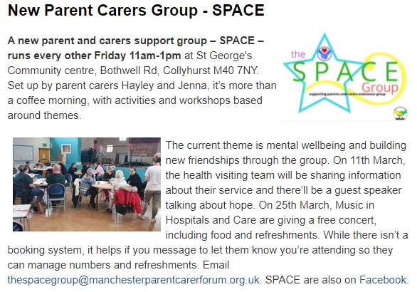 smileymissriley's tweet photo. New dates for your diary from the Manchester Local Offer, including the wonderful SPACE group if you can't make the @MostonFieldsPS session on 7th March. Some amazing sessions @Z_arts_mcr and Manchester Art Gallery #manchesterlocaloffer #SEND #parentsupport https://t.co/3l7tqcWVy5