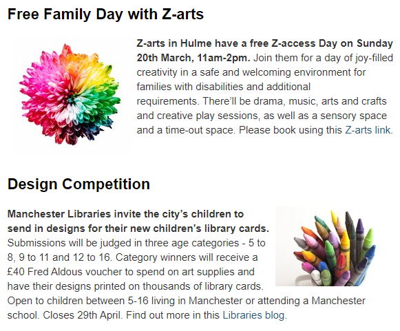 smileymissriley's tweet photo. New dates for your diary from the Manchester Local Offer, including the wonderful SPACE group if you can't make the @MostonFieldsPS session on 7th March. Some amazing sessions @Z_arts_mcr and Manchester Art Gallery #manchesterlocaloffer #SEND #parentsupport https://t.co/3l7tqcWVy5