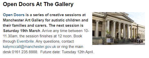 smileymissriley's tweet photo. New dates for your diary from the Manchester Local Offer, including the wonderful SPACE group if you can't make the @MostonFieldsPS session on 7th March. Some amazing sessions @Z_arts_mcr and Manchester Art Gallery #manchesterlocaloffer #SEND #parentsupport https://t.co/3l7tqcWVy5