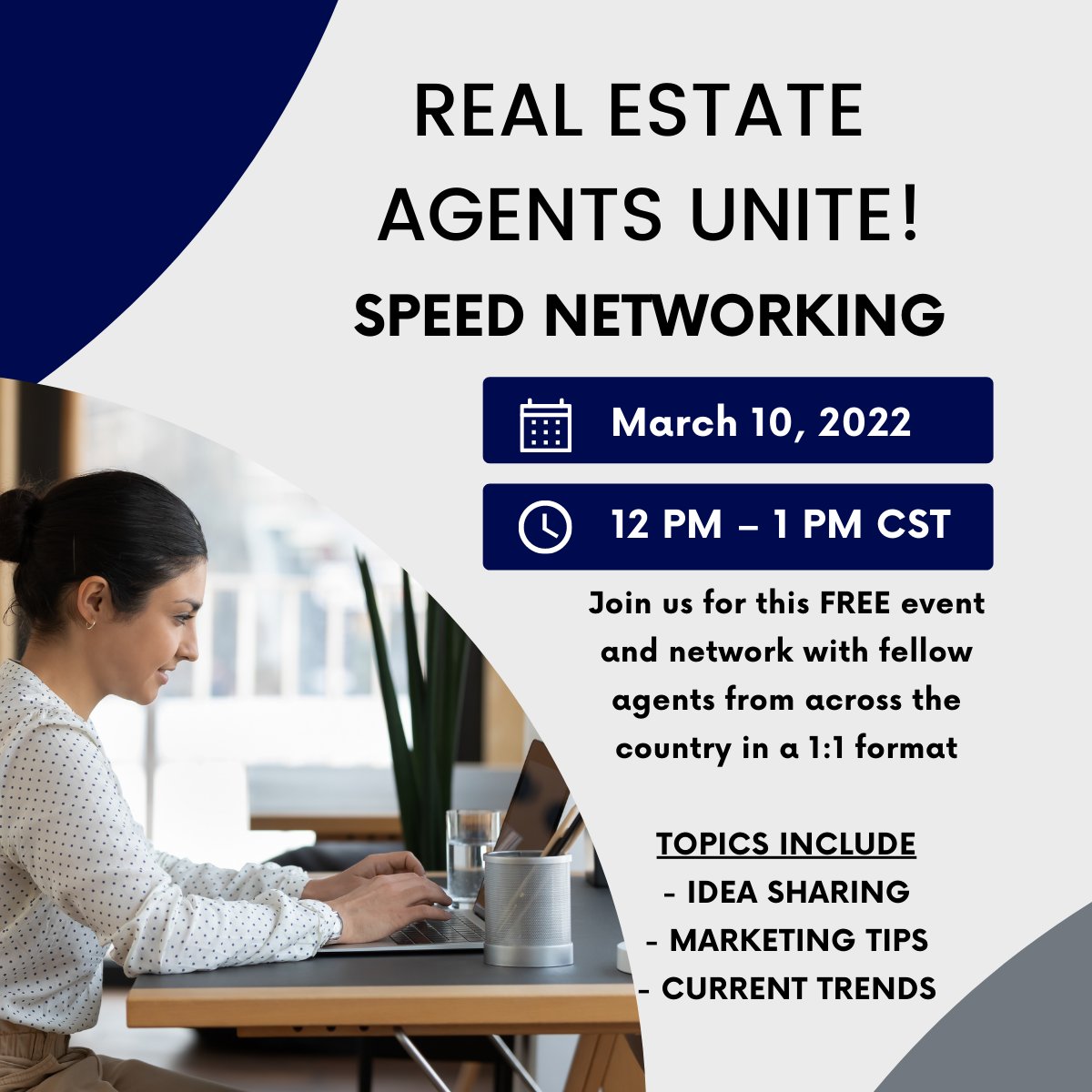 Connect with fellow Real Estate agents from across the country and expand your network within the industry to help bounce ideas off on another in a 1-on-1 format. Every 8 minutes you’ll be strategically matched with another awesome real estate agent.

ow.ly/ev0F50HZ83C