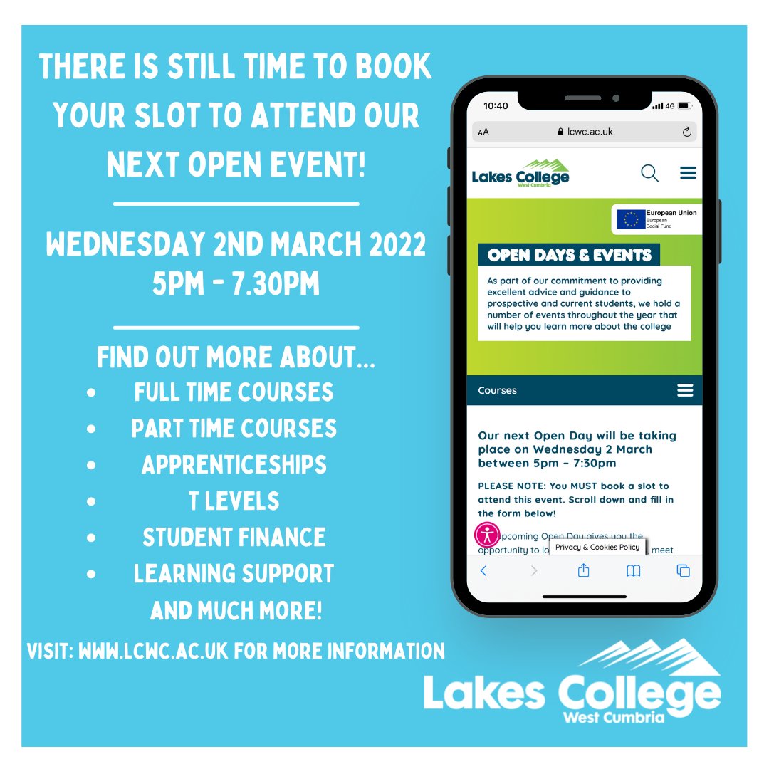 lakescollege's tweet photo. There is still time to book a slot for our next open event on Wednesday! 
📅Wednesday 2nd March 2022
🕔5pm - 7.30pm
We have over 200 full time &amp; part time courses and apprenticeships - come and find one that is right for you!

💻Visit: https://t.co/q5KDPVtXoo for more information https://t.co/eNqMA6pfdT