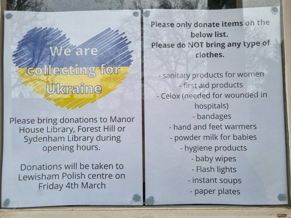 MHLibraryLee's tweet photo. Manor House Library + Sydenham &amp; Forrest Hill are donation points for items to be sent to Ukraine. All donations will be taken to @lewpolishcentre on Friday 4th March.

Please only donate items on the below list.

https://t.co/N2LLs9C614 https://t.co/cKnrPJx6yp