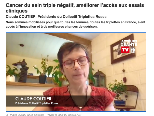 s_chevrel's tweet photo. La particularité du #cancerdusein triple négatif #CSTN est qu’il touche principalement des jeunes femmes, 40 % ont moins de 40 ans, entraînant des retards de diagnostic 🎬 Itw @ClaudeTriplette COUTIER @Collectif_MT @acteursdesante https://t.co/gq44Eo0Njw #CollectifTriplettesRoses https://t.co/wIdwVb5o1T