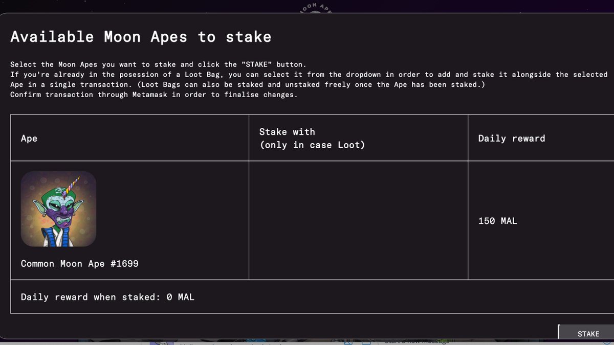 Joined the <a href="/MoonApeLab/">Moon Ape Lab</a> P2E Game and started staking! Nothing better than passive income and dope NFTs