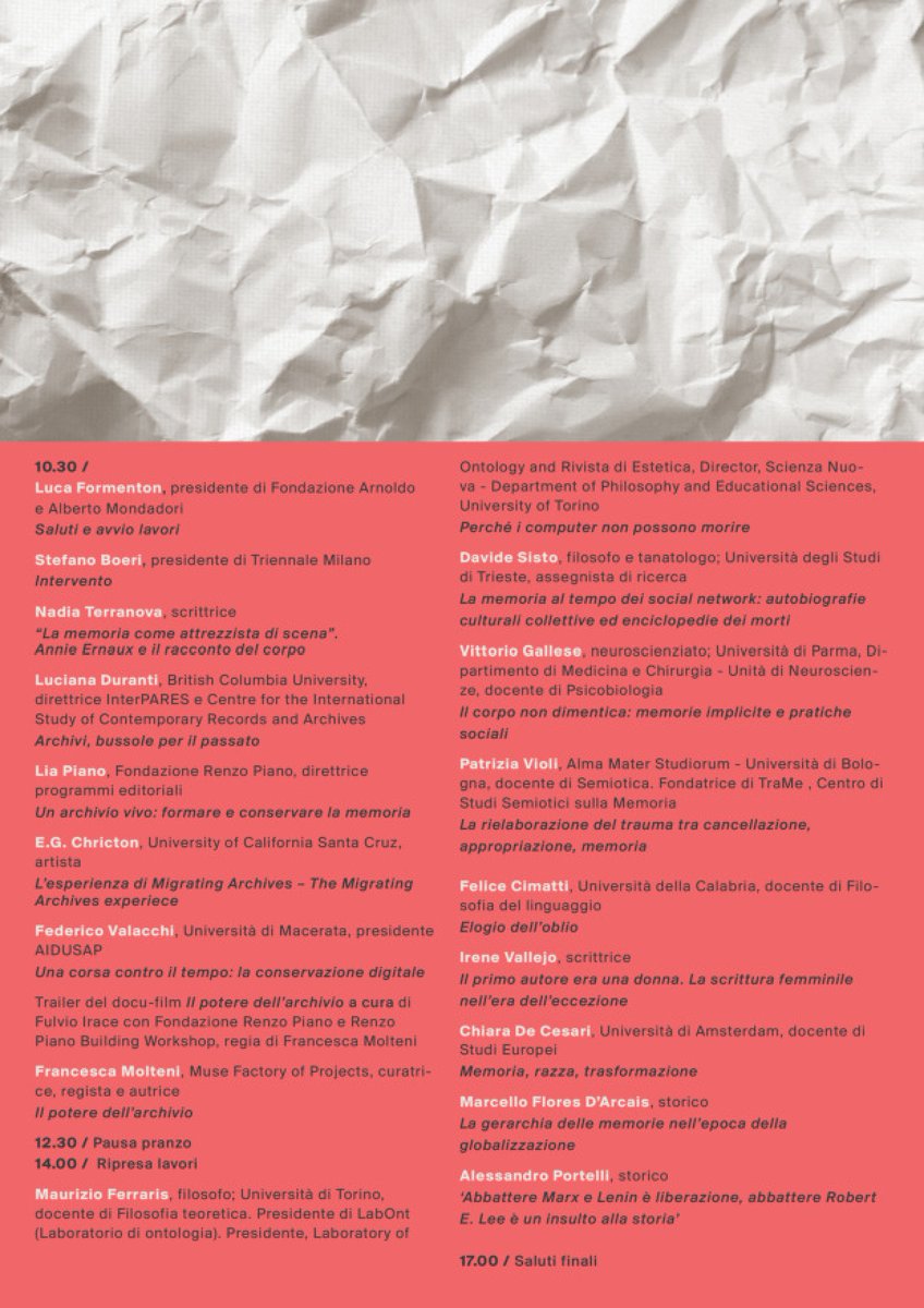 sisto_davide's tweet photo. Il programma del convegno "Il corpo della memoria. Conservazione, condivisione, cancellazione" (Triennale Milano, 15/03/22), organizzato dalla Fondazione Mondadori.
Tra i tanti ospiti ci sarò anche io a parlare di #memoriadigitale
@BBEditore https://t.co/qMA25O1bn7