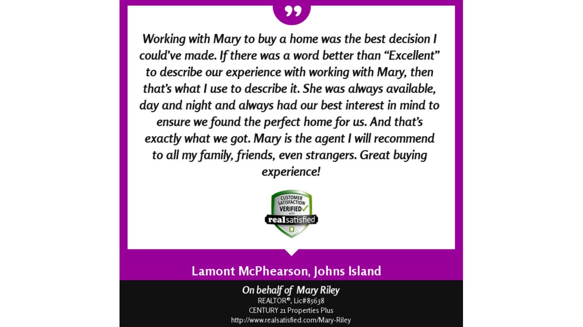 C21CHS's tweet image. Thank you for your review Lamont! If you are looking for a REALTOR who is knowledgeable and and professional - reach out to Mary today! 

#relentlessagents #mtpleasantrealestate #summervillerealestate #jamesislandrealestate #johnsislandrealestate #aboveandbeyond #relentless
