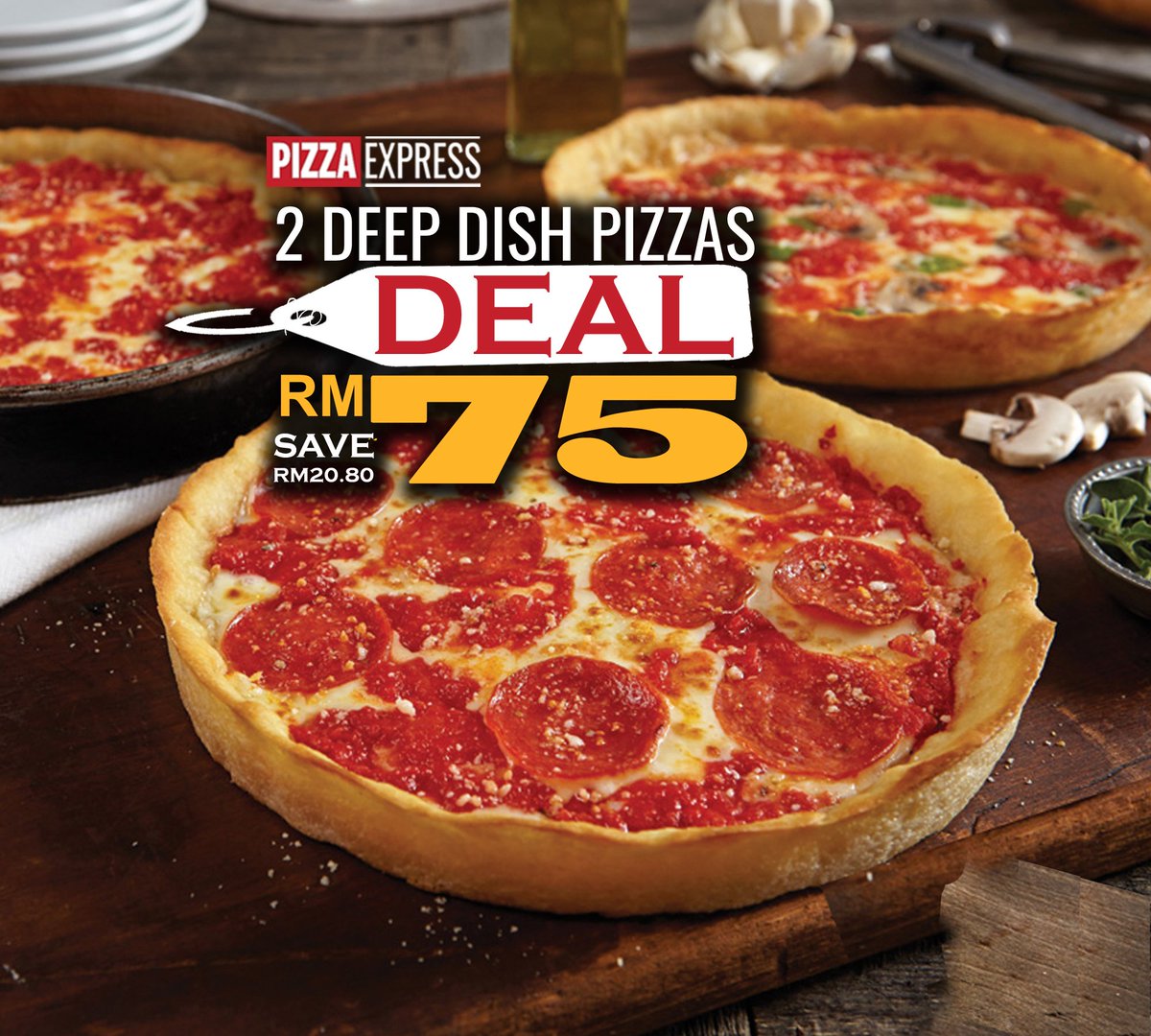 pizzaexpressmy's tweet photo. Chicago Deep Dish Pizza🍕 Golden, 2x Deeper🥧, 2x more Cheese🧀 and 2x more meat, stone baked @ 400c🔥. You know you want it 😻. Delivering 'till 2am. Order Now @ #grabfood #foodpanda or https://t.co/y3YWzF8GM9 https://t.co/P6bn5Jv36K