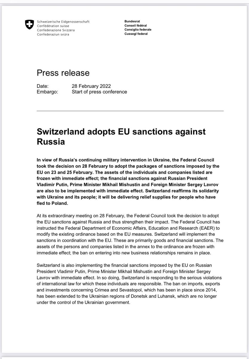 L_ThinkTank's tweet photo. [ 🇨🇭 SUISSE | 🇷🇺 RUSSIE ]

🔸Communiqué de presse de la Suisse sur les sanctions imposées contre la Russie. https://t.co/xz7w9XoaVd