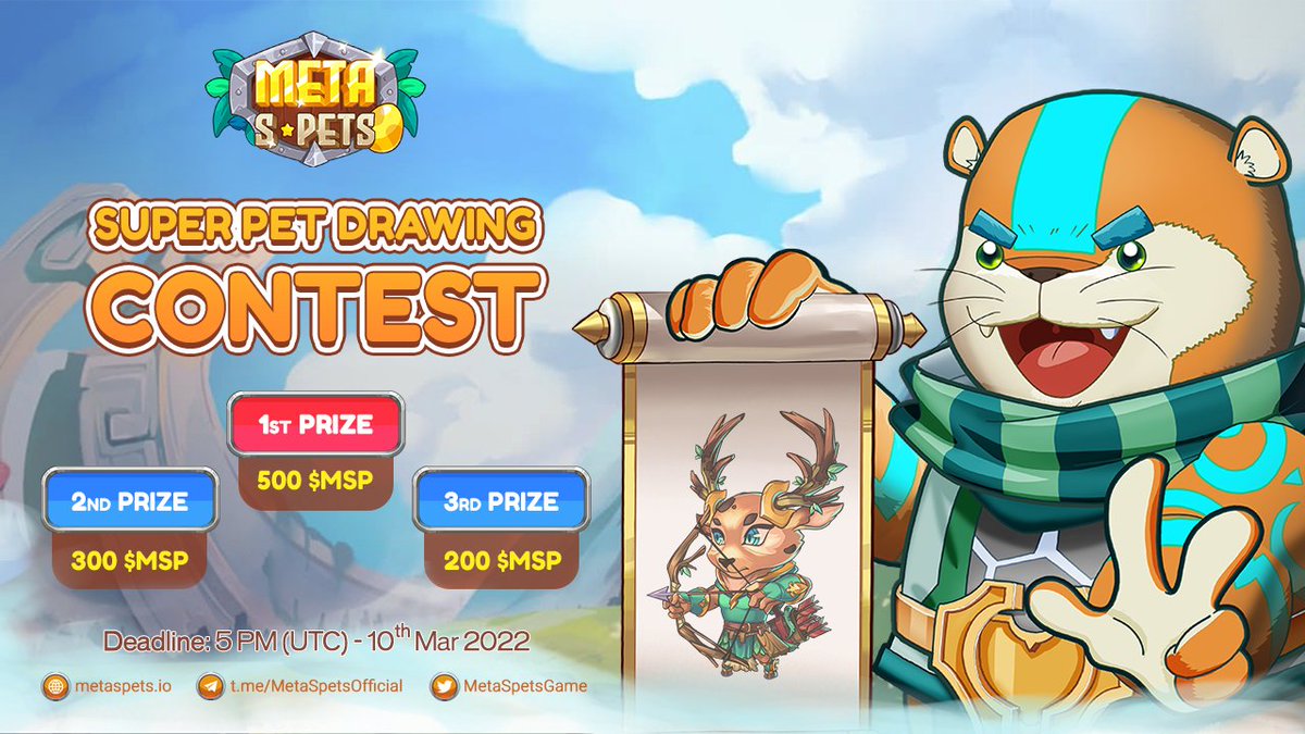 MetaSpetsGame's tweet photo. 🎨🎨 [1st Activity of Airdrop #2] 𝐒𝐔𝐏𝐄𝐑 𝐏𝐄𝐓 𝐃𝐑𝐀𝐖𝐈𝐍𝐆 𝐂𝐎𝐍𝐓𝐄𝐒𝐓 🎨

It's time to get creative with MetaSpets and earn MSP tokens 😍.

► Check out the contest here to see how to enter: https://t.co/6MpcmFvv5G

Let's join the contest now! 😍😍😍 https://t.co/Bl80lcxRdW
