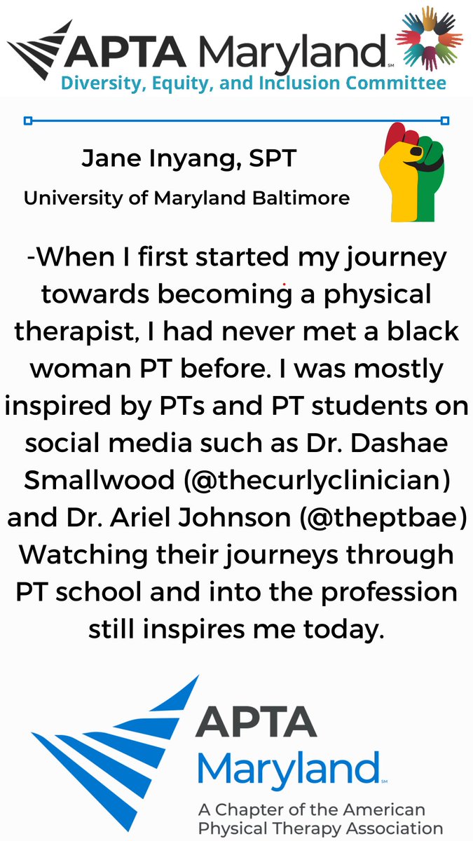 UkohaDPT's tweet photo. “When I 1st started my journey..I never met a black woman PT before. I was inspired by PTs &amp; PT students online such as @DashaeSmallwood . Watching her journey through PT school &amp; into the profession still inspires me today” @APTAofMaryland #BHM Student Highlights | @Janetheept https://t.co/oFZemwYCQW