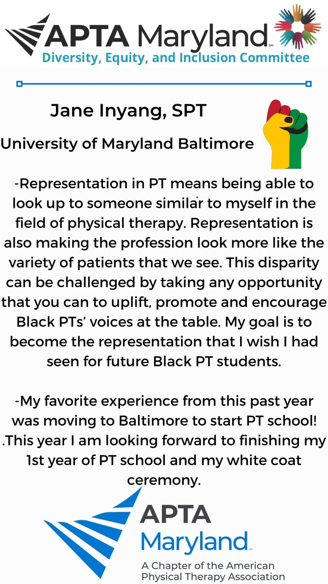 UkohaDPT's tweet photo. “When I 1st started my journey..I never met a black woman PT before. I was inspired by PTs &amp; PT students online such as @DashaeSmallwood . Watching her journey through PT school &amp; into the profession still inspires me today” @APTAofMaryland #BHM Student Highlights | @Janetheept https://t.co/oFZemwYCQW