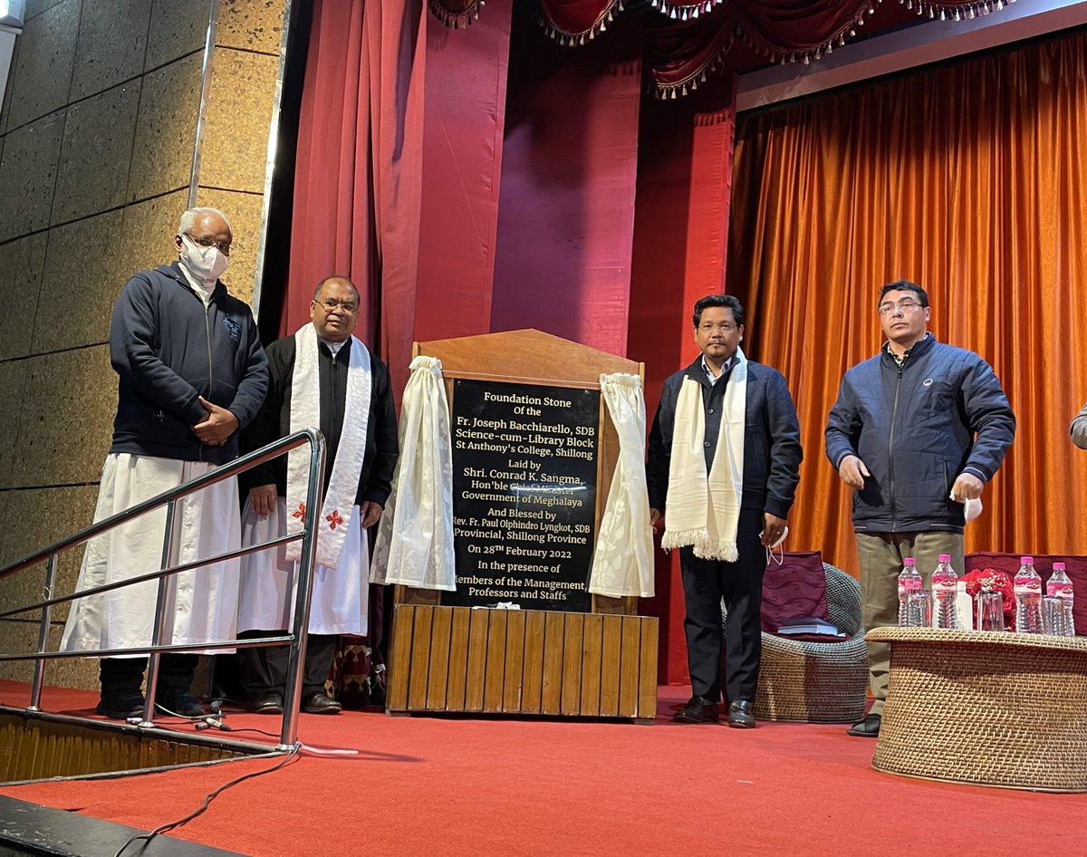 SangmaConrad's tweet photo. Honoured to be in St. Anthony’s College to lay foundation for the Bacchiarello Block(Library &amp; Science Block). Happy to announce that Govt will sanction ₹1 Cr for building the Bacchiarello Annex. May the College continue to be a blessing to the future of our country
@dpradhanbjp https://t.co/lnGBK65nv8