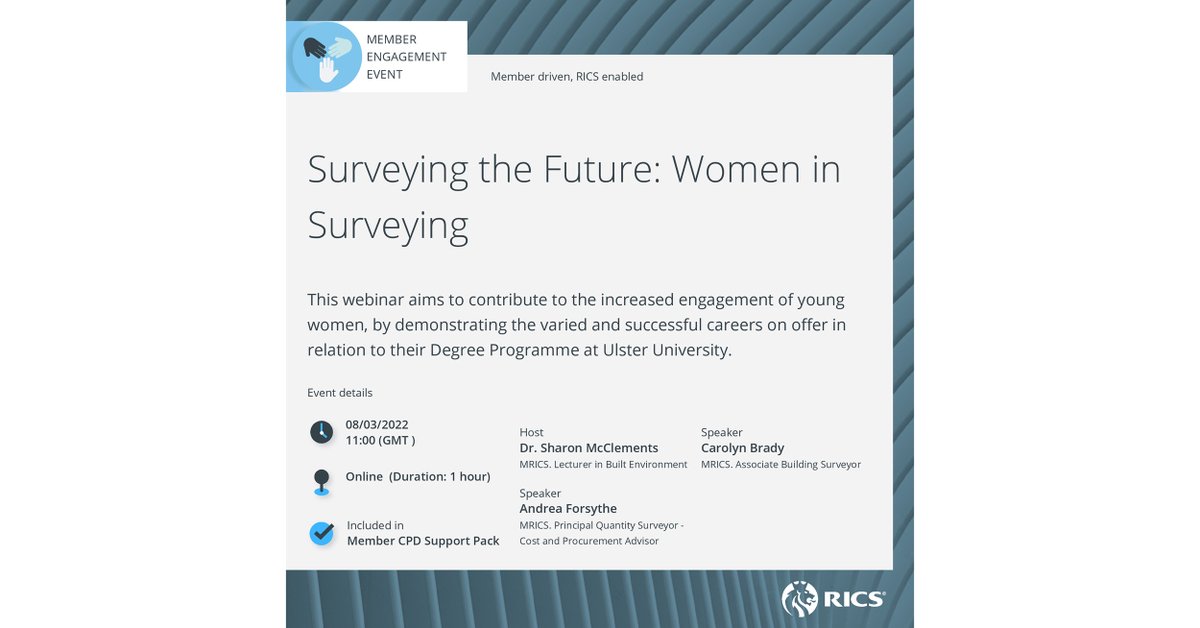 rlb_uk's tweet photo. On 8 March @RICSNI is hosting 'Surveying the Future: Women in Surveying' webinar where RLB UK's Associate, Carolyn Brady, will be discussing her careers to-date and opportunities for building surveying as a service in the future.

Register here: https://t.co/T0xCFlHcWJ https://t.co/ifleLqiaxq