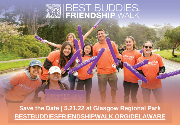 📣 SAVE THE DATE! 📣 The Best Buddies Friendship Walk in Delaware is happening on May 21st at Glasgow Regional Park, for more information and to sign up today visit bestbuddiesfriendshipwalk.org/delaware to join in on the fun &amp; festivities to come! We can't wait to see you there!!! 🎉💜💙🧡