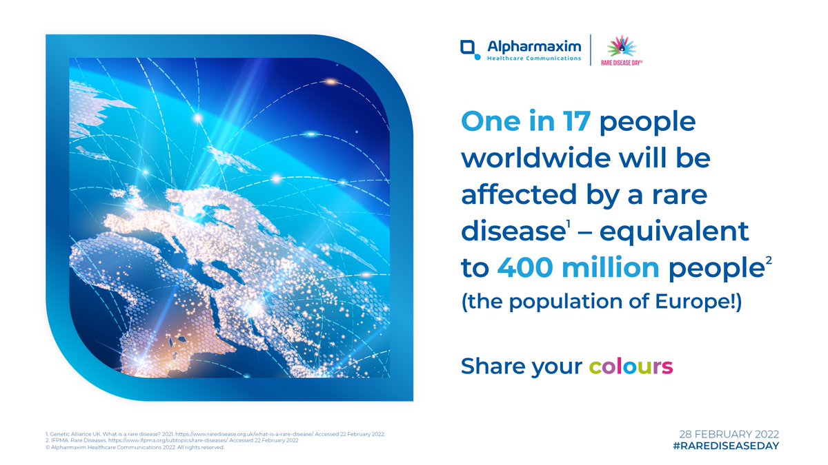 Alpharmaxim's tweet photo. It’s #RareDiseaseDay2022.

One in 17 people will be affected by a rare disease. With a global population of 7.9 billion, this equates to 400 million people. That’s the equivalent of Europe’s population.

Share your colours. @rarediseaseday 

**Believe in Special** https://t.co/6kIUzLxqMp