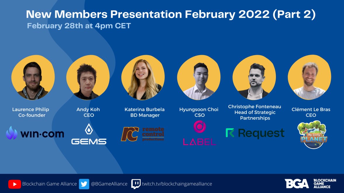 BGameAlliance's tweet photo. In few minutes, we will introduce our new BGA members @winplatform @gemsgg_official
#RemoteControlProductions @LABELFoundation
@RequestNetwork and @MyLovelyPlanet1 . Are you ready to welcome them ? #BlockchainGaming
Live on Twitter & Youtube : https://t.co/xdVU9sM0WT https://t.co/8V7QCw9NaG