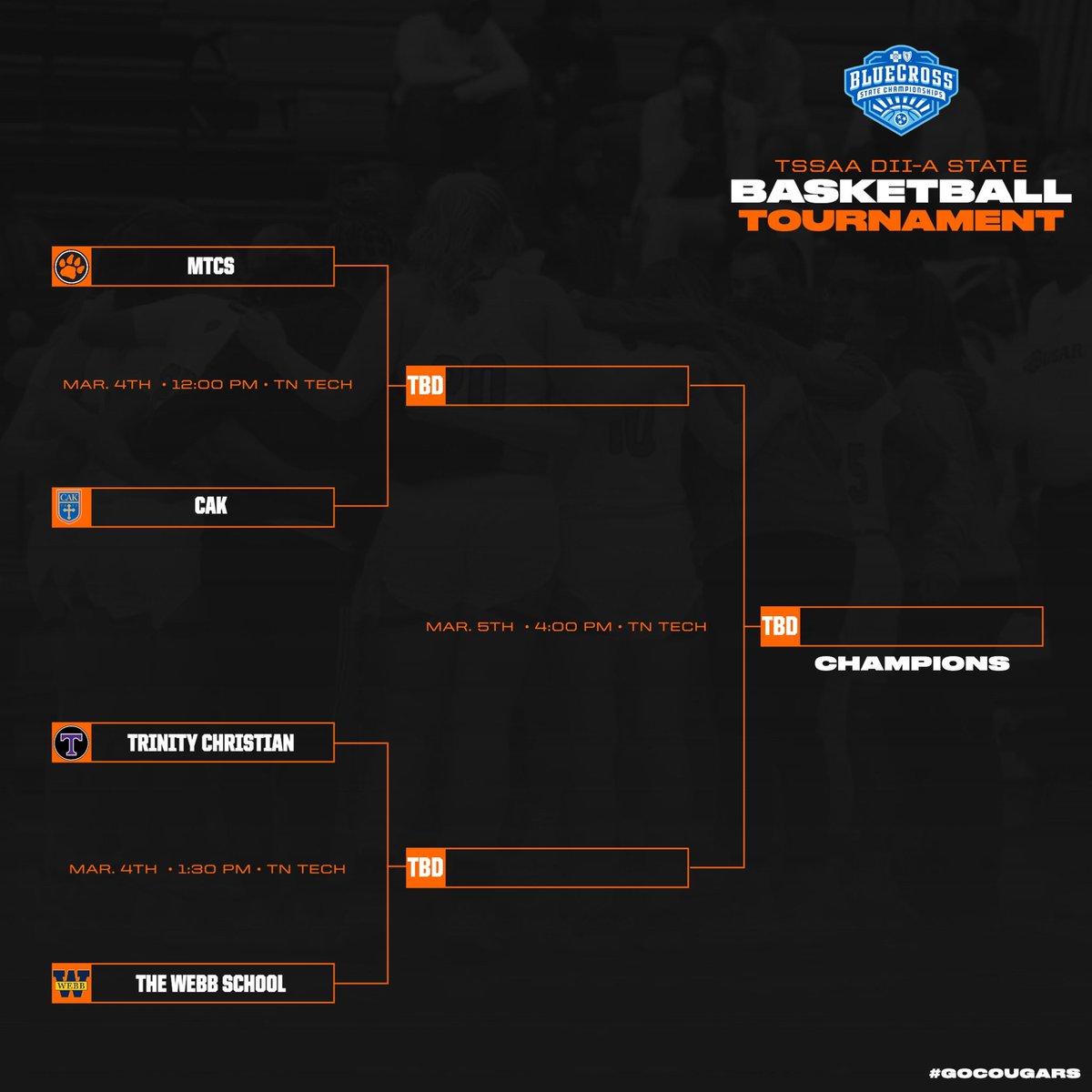 The bracket has been set for the State Semi-Finals in Cookeville this week! Our girls will tip-off against CAK at noon on Friday! #GoCougars