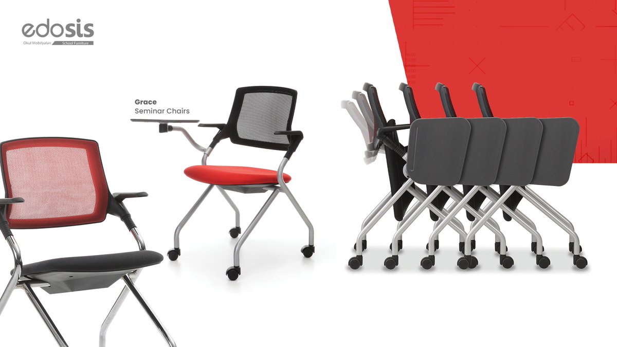 Grace seminar chairs blend mobility, ergonomy and portability. Easy to store Grace chairs provide utmost comfort with flexible backrest, movable writing pad and soft sitting surface. #seminarchair #interiordesign #schoolfurniture #flexiblefurniture #schooldesk #schoolchair