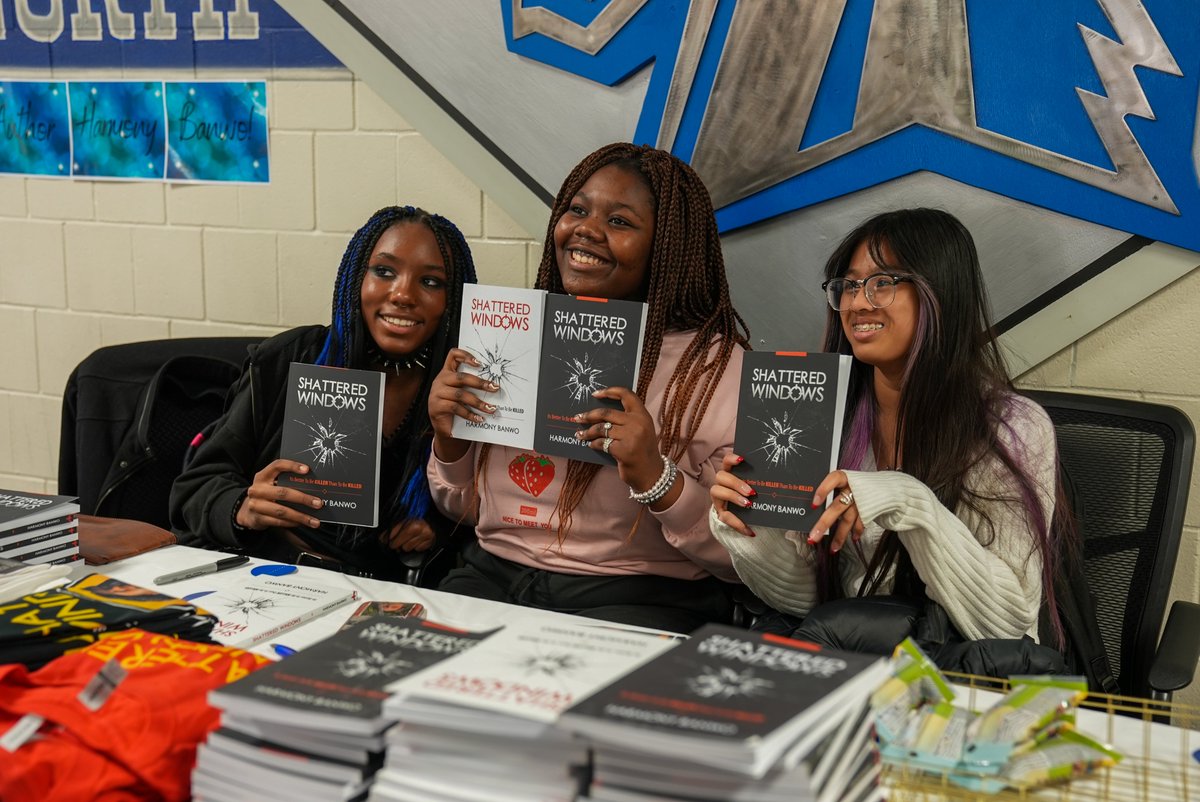 MillardPS's tweet photo. At just 13 years old, Harmony Banwo is a published author. The @NMS_Mustangs student celebrated the launch of her book by hosting a book signing for her classmates. "Shattered Windows" is currently available on Amazon. #Proud2bMPS https://t.co/djFhoQLgvs