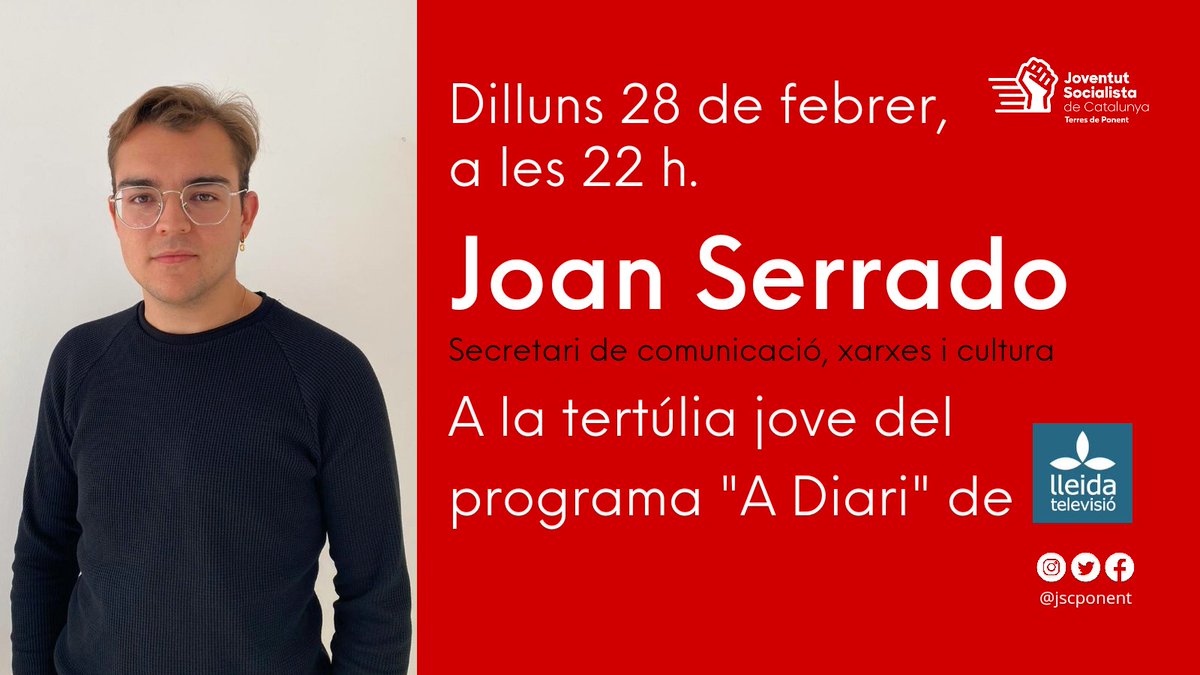 jscponent's tweet photo. 🔴 Avui el company @joan_serrado participa a la tertúlia jove "A Diari" de @LleidaTV amb Santi Roig.

👉 Ho podeu seguir en directe a les 22h pel canal de TV o fent clic a aquest enllaç:
https://t.co/TjsvmeVq07

#JSCPonent /🌹 https://t.co/pIHSXPST1t