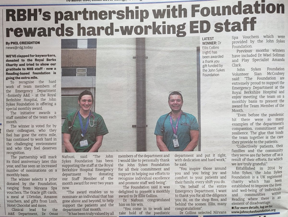 J_S_Foundation's tweet photo. Thank you @RdgToday for your piece on our partnership with the Emergency Department this week at @RBNHSFT. We are extremely proud to support the amazing staff at Reading's local hospital every month  💙 https://t.co/LNjcNmQ068