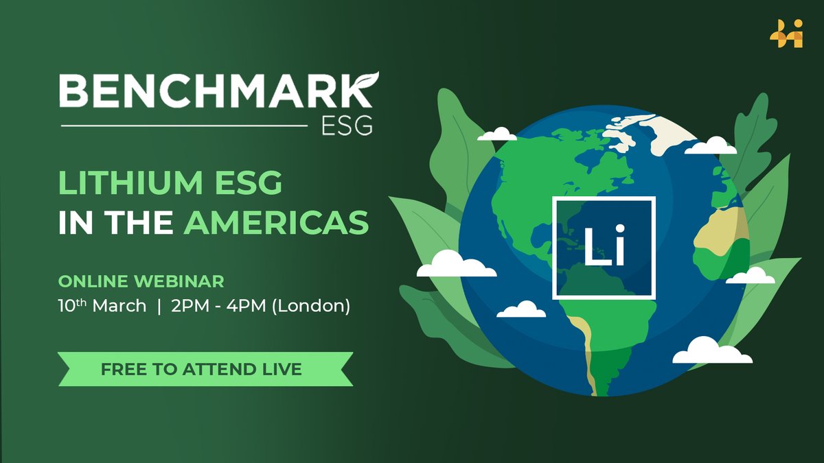 ColbournSarah's tweet photo. 🔔➡️ Lithium ESG in the Americas webinar, Thurs 10th March 2pm (UK) 
> @benchmarkmin present new findings from latest Lithium ESG Report
> Industry &amp; US government speakers deep dive on critical ESG topics 
Free live, sign up here: https://t.co/1v3bLFs6Fu https://t.co/hCHXCMfSby