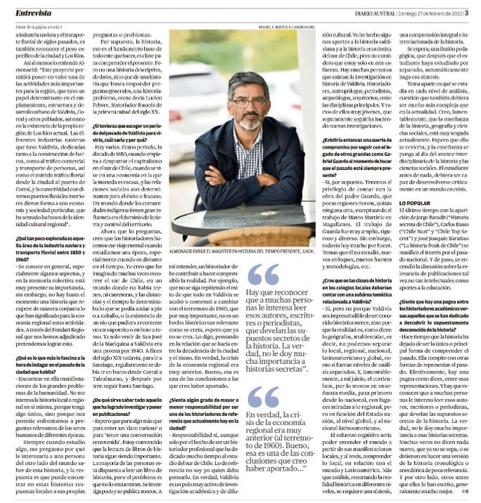 [Prensa 🗞️#DiarioAustralLosRíos] Entrevista al académico de <a href="/HumanidadesUACh/">Facultad de Filosofía y Humanidades UACh</a> Dr. Fabián Almonacid: “Un historiador debe contribuir a hacer más comprensible la realidad…”