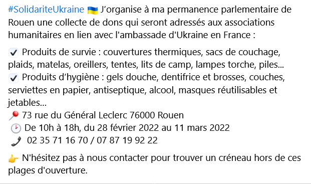 damienadam76's tweet photo. #SolidariteUkraine 🇺🇦| COLLECTE DE DONS. 

Face à l’invasion en Ukraine, je participe à l’effort collectif. Ma permanence devient un point de collecte de dons en lien avec les associations humanitaires rattachées à l'ambassade d'Ukraine en France.

N'hésitez pas à partager 🤝 https://t.co/V68TN0oF8g