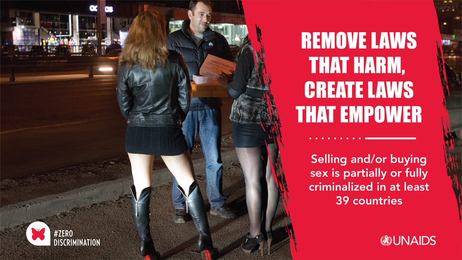 UNAIDS's tweet image. Selling &amp;amp; buying sex is partially or fully criminalized in at least 39 countries.

The decriminalization of sex work is the single intervention that wd hv the greatest impact on the #HIV epidemic. 

On #zerodiscrimination day, let's remove laws that harm. bit.ly/ZDD2022