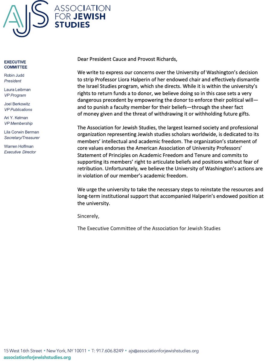 jewish_studies's tweet photo. "We believe the University of Washington's actions are in violation of our member's academic freedom,"

The AJS Exec Committee writes in a letter to the president and provost of @UW in response to its recent actions regarding AJS member Liora Halperin's academic freedom https://t.co/PmEdI4KlXk